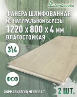 Фанера влагостойкая шлифованная ФСФ береза сорт 3/4  1220 x 800 x 4 (2 шт)