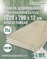 Фанера влагостойкая шлифованная ФСФ береза сорт 3/4  1220 x 700 x 12 (4 шт)