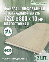 Фанера влагостойкая шлифованная ФСФ береза сорт 3/4  1220 x 800 x 10 (2 шт)