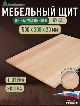 Мебельный щит бук кат. Экстра цельный  500 х 300 х 20