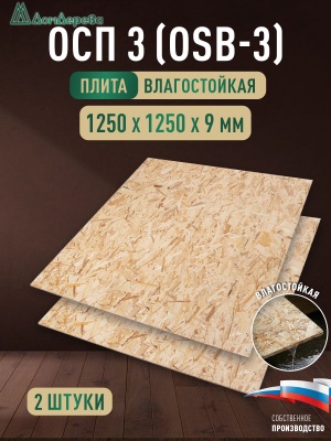 ОСП (OSB 3) плита влагостойкая 9 х 1250 х 1250 (2 шт)