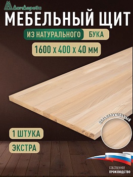 Мебельный щит бук кат. Экстра цельный 1600 х 400 х 40