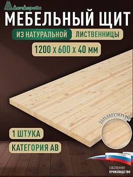 Мебельный щит лиственница 1200 х 600 х 40 кат.С